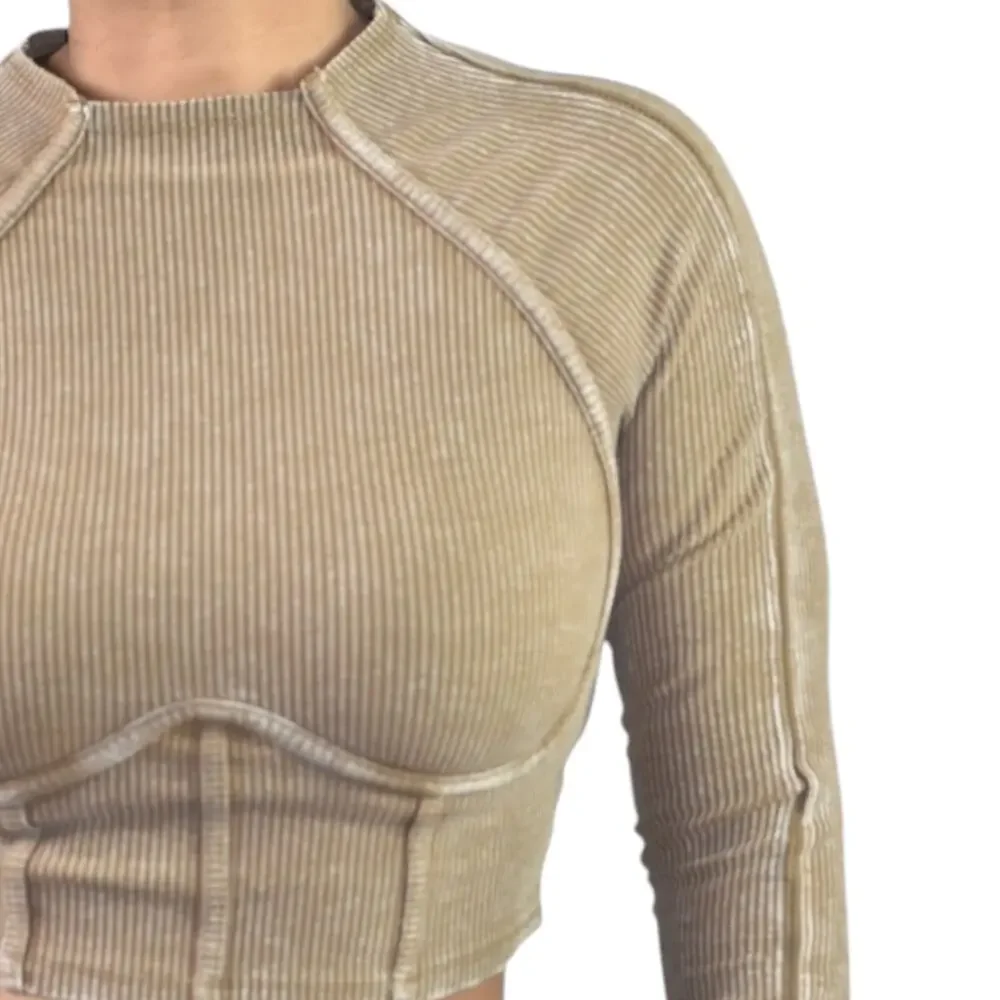 Fashion Nova Corset Crop Top Brown Washed Ribbed Long Sleeve Bustier Size Medium - Picture 4 of 15